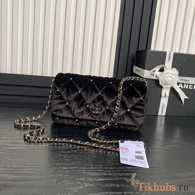 Chanel Clutch With Chain Velvet Gold Black 23x13x5cm - 1