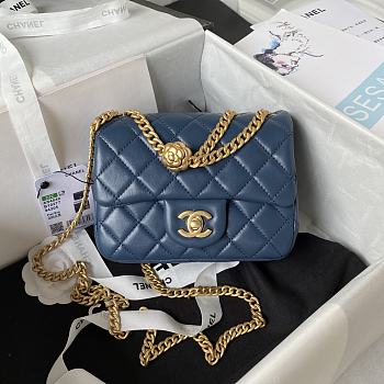 Chanel Mini Flap Bag Camellia Lambskin Blue Gold 18x13x7cm