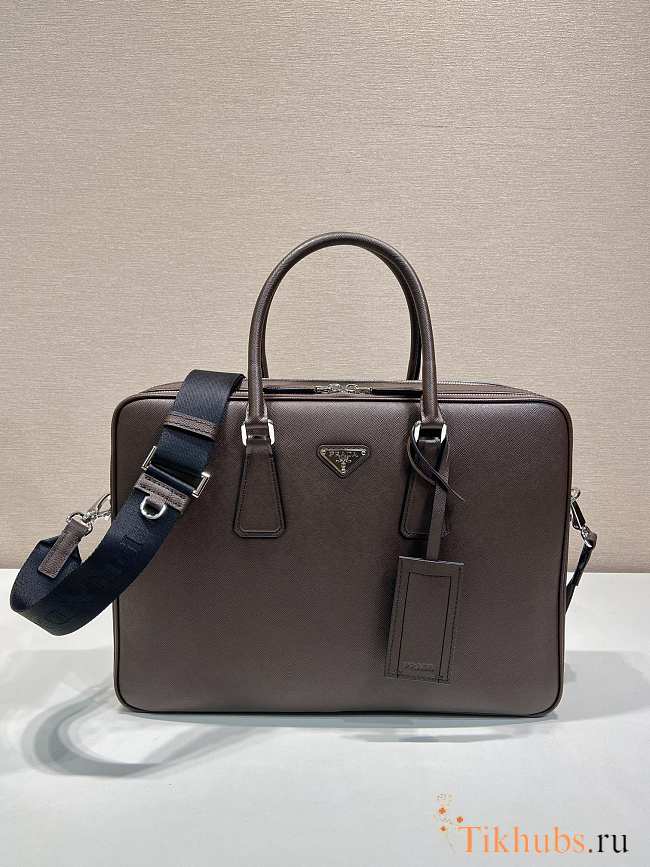 Prada Saffiano Leather Briefcase Coffee 38x28x6.5cm - 1