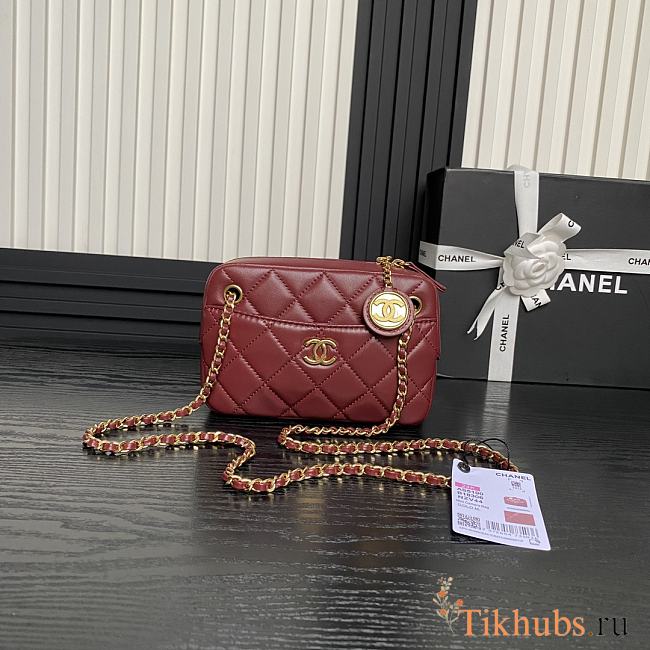 Chanel Mini Camera Case Lambskin Gold Burgundy 18x12x7cm - 1