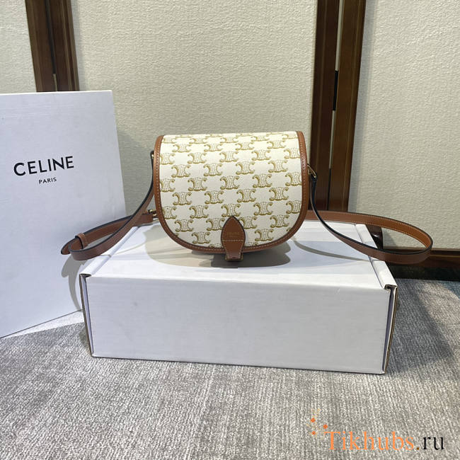 Celine Medium Folco Bag Triomphe Canvas Calfskin White 18.5x17x7cm - 1