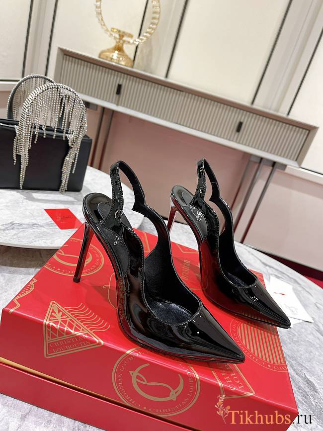 Christian Louboutin Hot Chick Black Patent Sling 100 mm Heel - 1