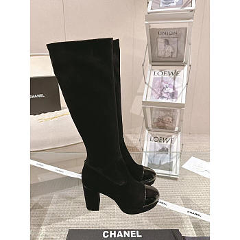 Chanel Suede Knee-High Platform Boots Black 9cm