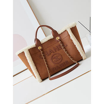 Chanel Shopping Bag Shearling Lambskin Gold Brown 32cm