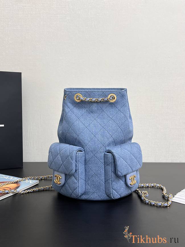 Chanel Backpack Blue Denim Gold 24.5x18x8cm - 1