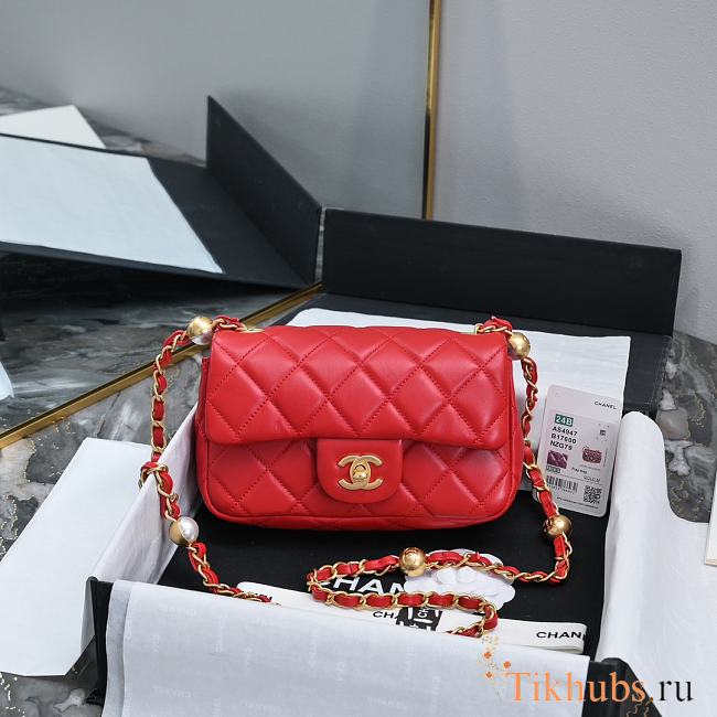 Chanel Mini Flap Bag Lambskin Pearls Gold Red 20x12x6cm - 1