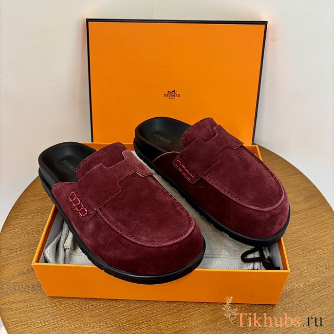 Hermes Red Wine Suede Slides - 1