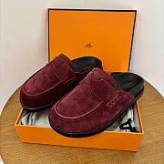 Hermes Red Wine Suede Slides - 4