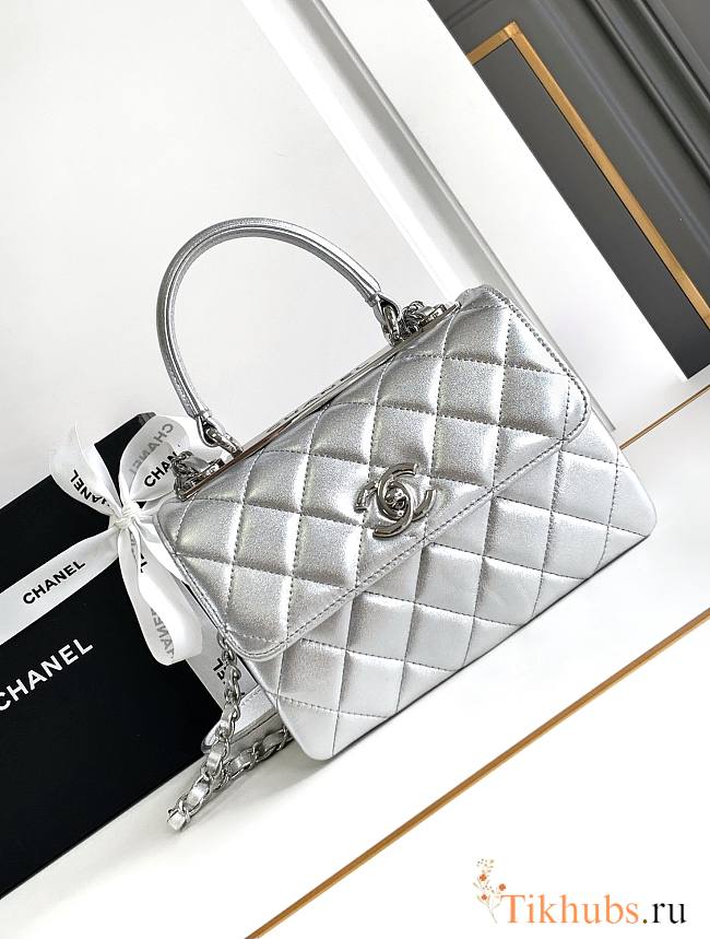 Chanel Top Handle Silver Lambskin Bag 19cm - 1