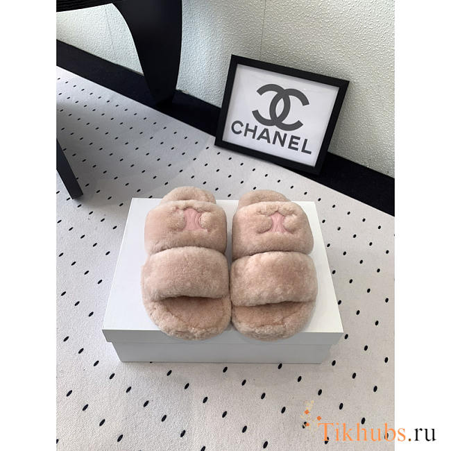 Celine Fur Slides Triomphe In Shearling Pink - 1