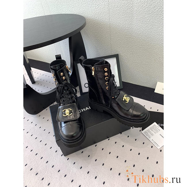 Chanel CC Short Boots Gold Logo Print Lambskin Black - 1