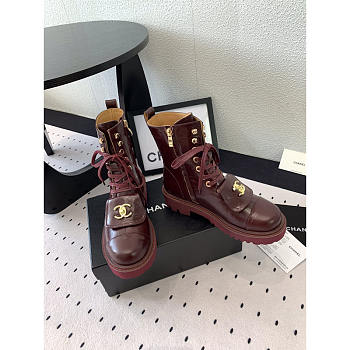 Chanel CC Short Boots Gold Logo Print Lambskin Red Wine