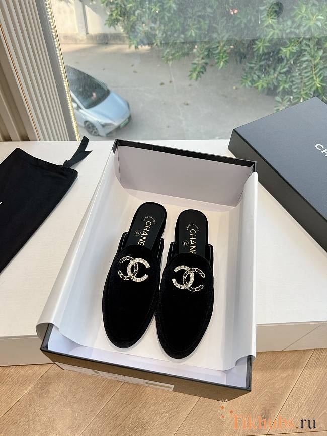 Chanel Velvet Black Slides - 1