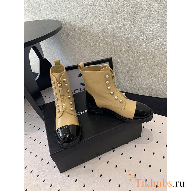 Chanel Calfskin With Pearl Boots Beige - 1