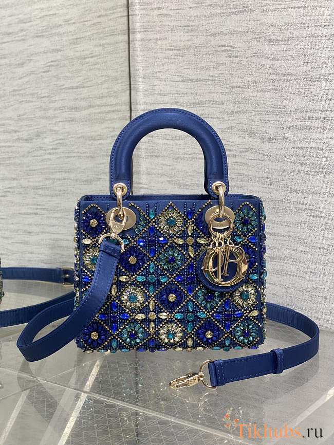 Dior Small Lady Bag Calfskin Satin Blue 20cm - 1