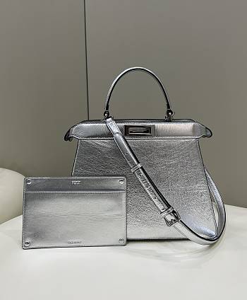 Fendi Peekaboo Medium Silver Leather Bag 33x10x25.5cm