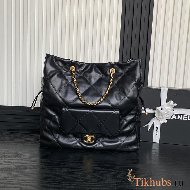 Chanel Shopping Bag Lambskin Gold Black 34x36x12cm - 1