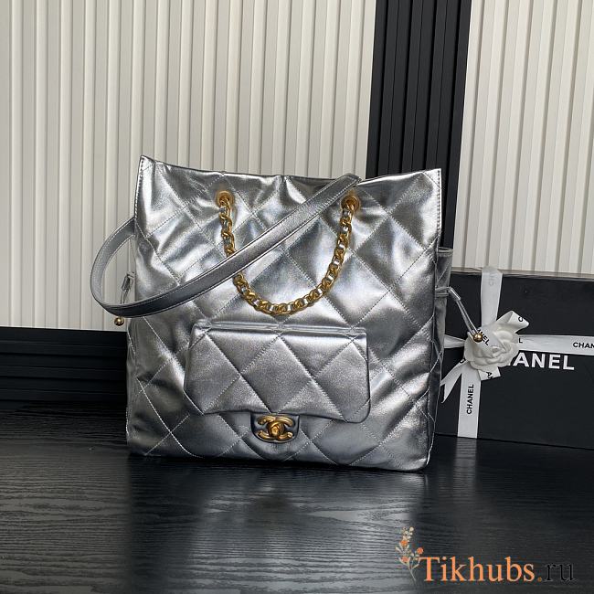 Chanel Shopping Bag Lambskin Gold Silver 34x36x12cm - 1