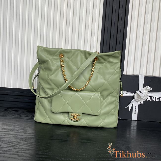 Chanel Shopping Bag Lambskin Gold Green 34x36x12cm - 1