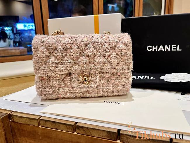 Chanel Flap Bag Beige Tweed Gold 20cm - 1