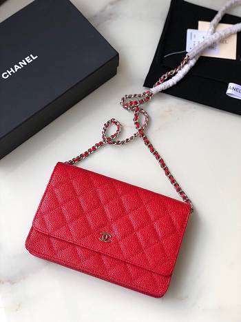 Chanel Wallet On Chain Woc Red Caviar Silver 19x12x3.5cm