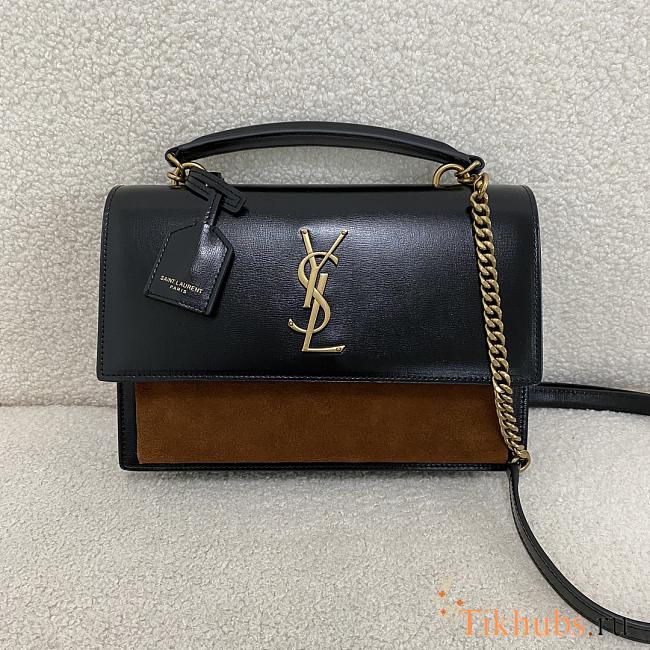 YSL Sunset Bag Black Brown Suede With Top Handle 25x18x5cm - 1