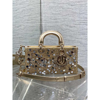 Dior Lady D-Joy Bag Metallic Beads Sequins Gold 26cm