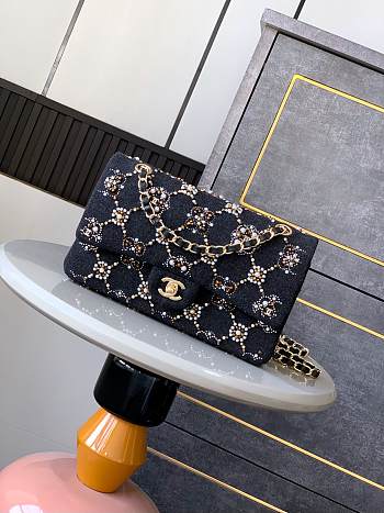 Chanel Medium Flap Bag Black Denim Gold 25cm