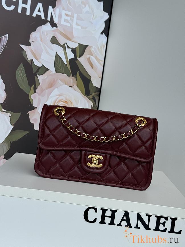 Chanel Flap Bag Lambskin Gold Red Wine 24.5x15.5x7cm - 1