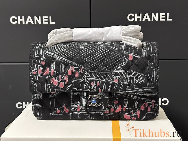 Chanel Medium Evening Flap Bag Black Fabric Silver 25cm - 1