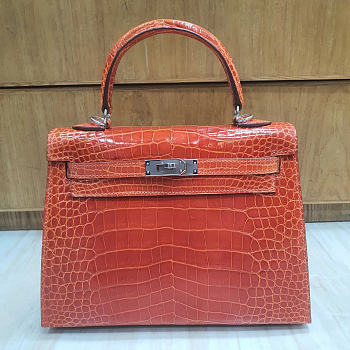 Hermes Kelly 25 Bag Orange Silver Crocodile 25cm