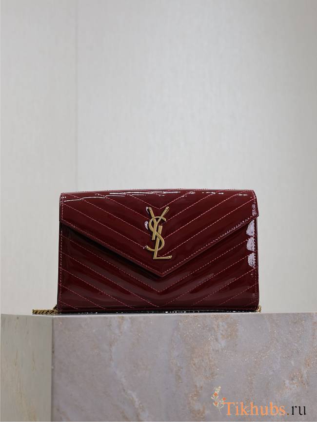 YSL Envelope Wallet Bag Red Wine Patent Gold 22.5x14x4cm - 1