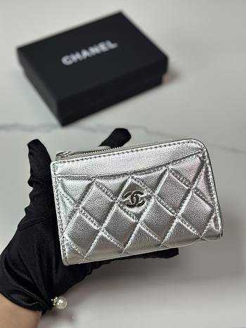 Chanel Card Holder Lambskin Silver 12x7.5x2.5cm