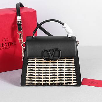 Valentino Vsling Raffia Leather Shoulder Bag Black 25x15x11cm