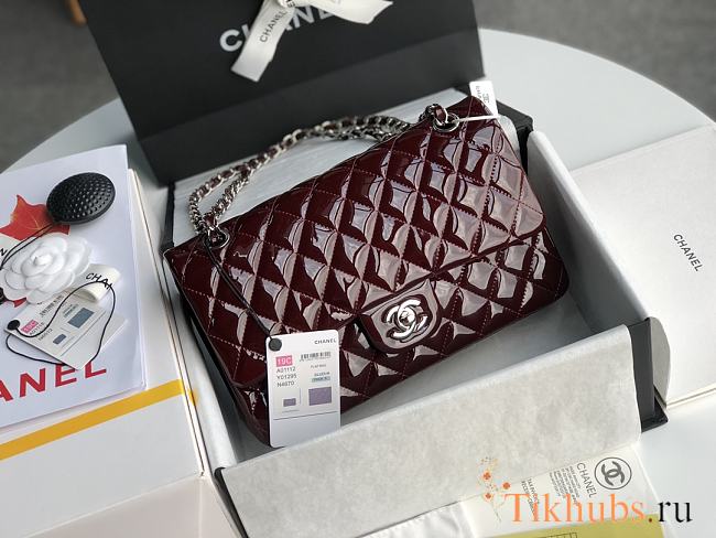 Chanel Flap Bag Red Wine Silver Patent 25cm - 1