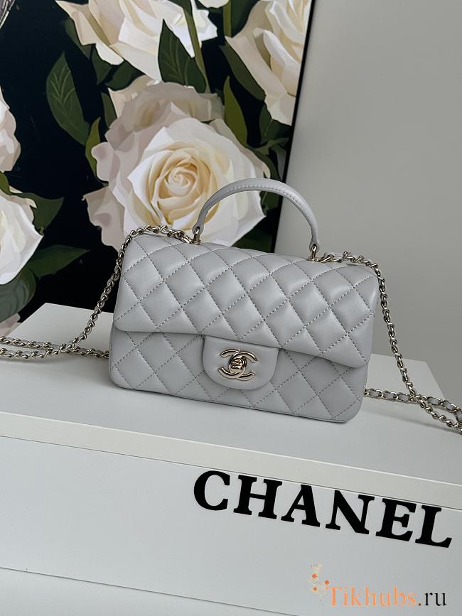 Chanel Top Handle Flap Bag Light Grey Lambskin Gold 20cm - 1
