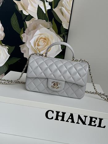 Chanel Top Handle Flap Bag Light Grey Lambskin Gold 20cm