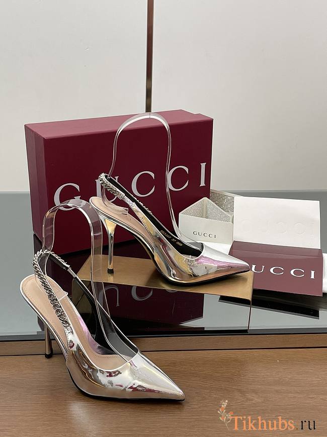 Gucci Signoria Slingback Pump Silver Leather Heel 10.5cm - 1