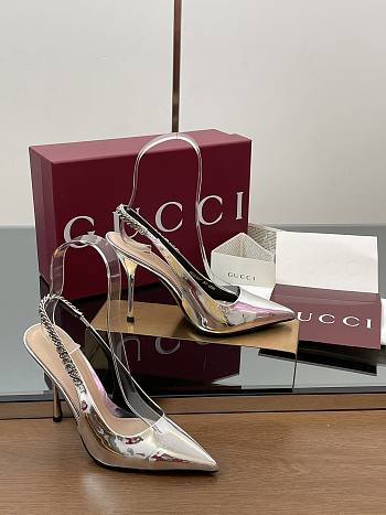 Gucci Signoria Slingback Pump Silver Leather Heel 10.5cm