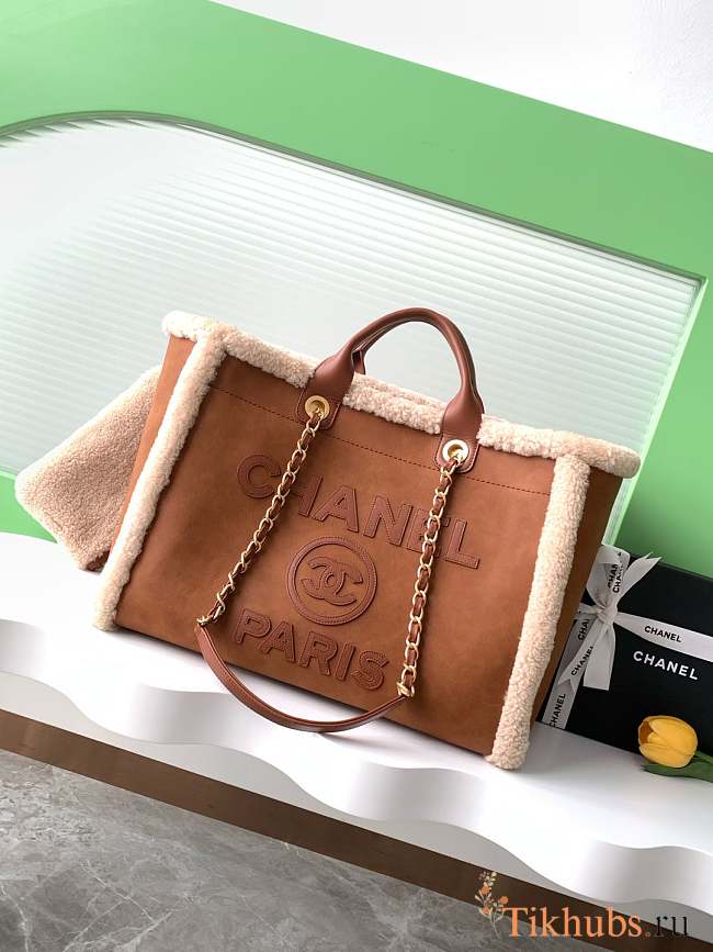 Chanel Shopping Bag Shearling Lambskin Gold Brown 38cm - 1