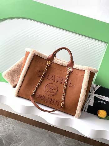 Chanel Shopping Bag Shearling Lambskin Gold Brown 38cm