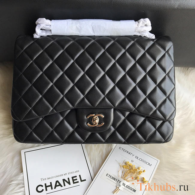 Chanel Large Flap Bag Silver Hardware Black Lambskin 33cm - 1