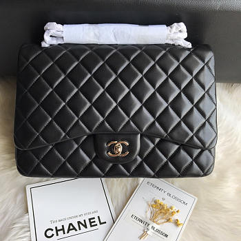 Chanel Large Flap Bag Silver Hardware Black Lambskin 33cm