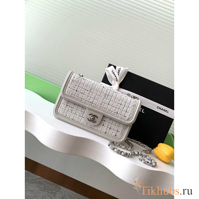 Chanel Flap Bag Tweed Lambskin Silver Gray White Black 22cm - 1