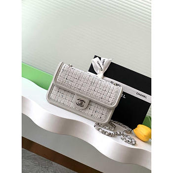 Chanel Flap Bag Tweed Lambskin Silver Gray White Black 22cm