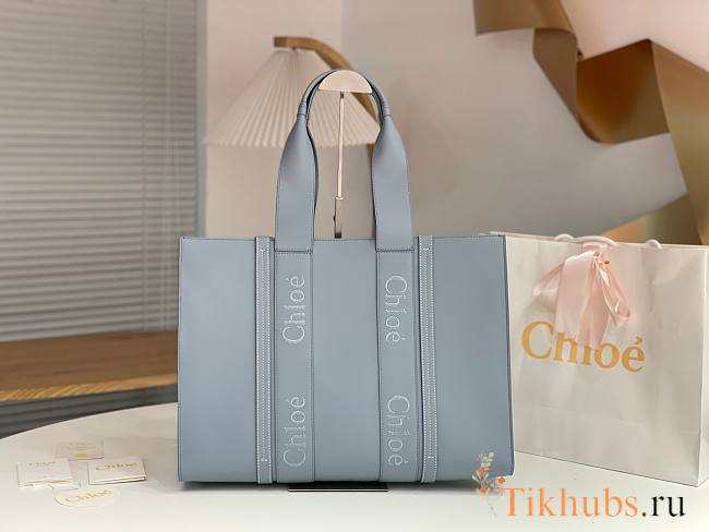 Chloe Large Woody Tote Bag Blue Calfskin 45x33x13cm - 1