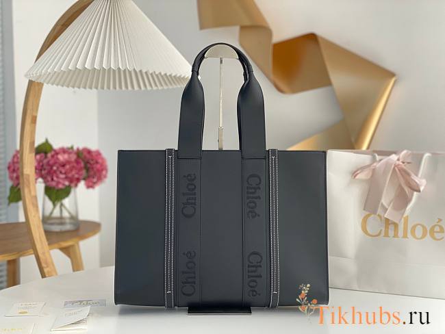 Chloe Large Woody Tote Bag Black Calfskin 45x33x13cm - 1