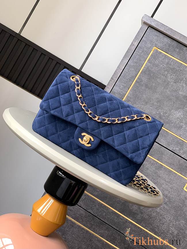Chanel Flap Bag Blue Suede Gold 25cm - 1