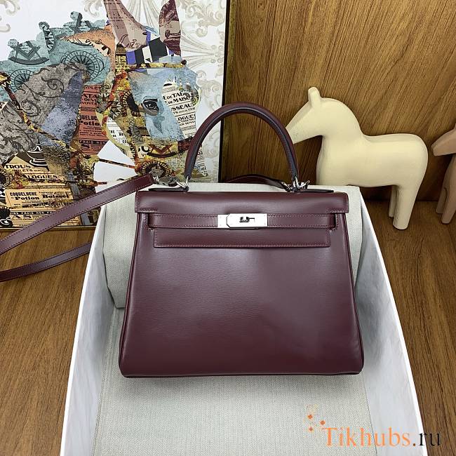 Hermes Kelly 25 Bag Red Wine Box Leather Silver 25cm - 1