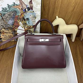 Hermes Kelly 25 Bag Red Wine Box Leather Silver 25cm